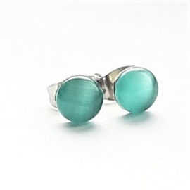 Stainless steel oorsteker met aqua groene plaksteen kattenoog 6mm - per paar