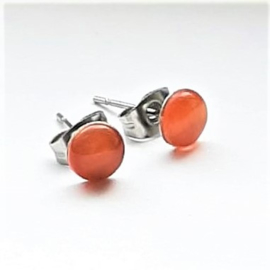 Stainless steel oorsteker met oranje plaksteen kattenoog 6mm