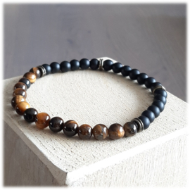 Natuursteen Herenarmband Matte Zwart Agaat en Bruin Tijgeroog - 19,5cm