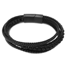 Zwart - bruin leren heren armband met vlechtwerk en lava kralen - 20.5cm