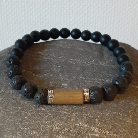 Heren / Jongens Armband van 8mm Zwart Agaat en Lava Kralen - 20cm