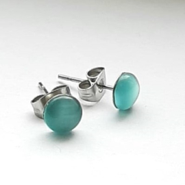 Stainless steel oorsteker met aqua groene plaksteen kattenoog 6mm - per paar