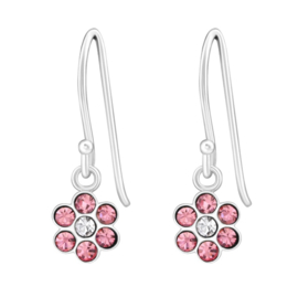 Zilveren Kinder Oorhangers met Roze Zirkonia Bloem - 6mm