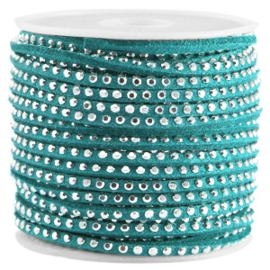 Imitatie suede leer 3mm met strass zilver – Teal Green - 50cm