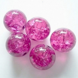 Glaskraal Crackle rond 10mm – Fuchsia Roze - 5 stuks