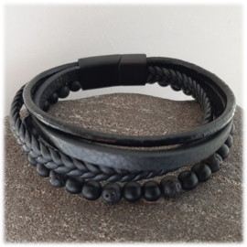 Zwart leren herenarmband met rvs magneetsluiting, zwarte lava kralen en mat zwarte agaat - 21cm