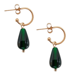 RVS Oorringen Goudkleur van 12mm met groene hangertjes