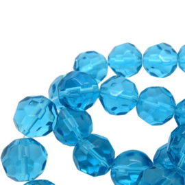 Facet Geslepen Glaskralen - Rond - Aquablauw - Streng