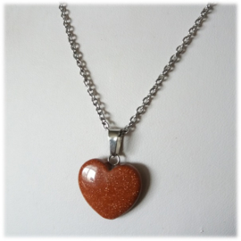 Natuursteen Hanger Hart aan RVS Ketting van 60cm lang - Goudsteen Bruin