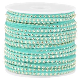 Imitatie suede leer 3mm met strass goud - Turquoise Groen - 50cm