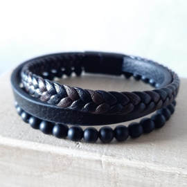 Zwart/Bruin Leren Herenarmband met RVS Magneetsluiting en Natuursteen Kralen - 21cm