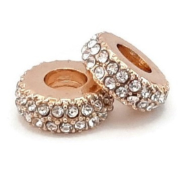 Metalen Kraal Rondel met groot gat - Licht Champagne Goudkleur met strass steentjes - 11x4mm - gat 5mm