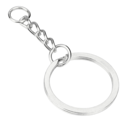 Platte Metalen Sleutelhangerring / Splitring - Zilverkleur met Ketting - 25mm