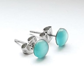 Stainless steel oorsteker met aqua groene plaksteen kattenoog 6mm - per paar