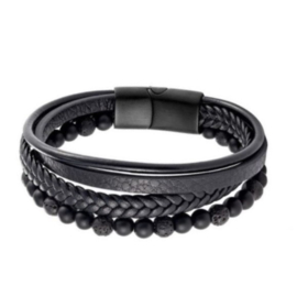 Zwart leren herenarmband met rvs magneetsluiting, zwarte lava kralen en mat zwarte agaat - 21cm