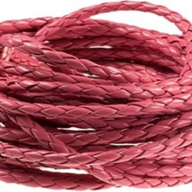 Rond gevlochten Imitatie Leer, ca 3mm dik, Fuchsia Roze - 1 meter