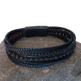 Zwart - bruin leren heren armband met vlechtwerk en lava kralen - 20.5cm