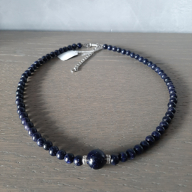 Halsketting van 6mm Donkerblauwe Goudsteen Kralen met Zilverkleur Slotje