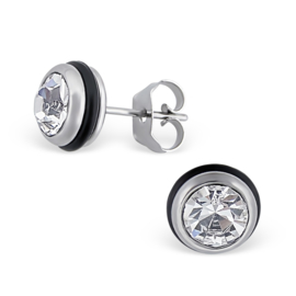 Stainless steel heren oorstekers met blanke zirkonia en rubber - 8mm - rond