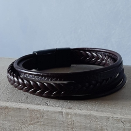 Donkerbruin Leren Herenarmband met RVS Magneetsluiting - 20.5cm