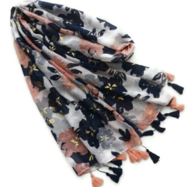 Zomersjaal met donkerblauw en roze bloemen met paulettes en kwastjes