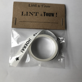 Lint | bedrukt wit Hiep Hiep Hoera | 10mm x 5 meter