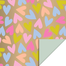 Cadeaupapier rol | Big Hearts Gold Happy - Pistache  | 30 cm x 2 meter