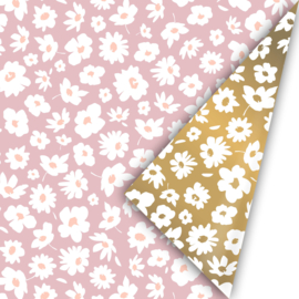 Cadeaupapier rol |bloemendessin roze/goud | 30 cm x 2 meter