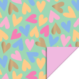 Cadeaupapier rol | Big Hearts Mint - Pink  | 30 cm x 2 meter