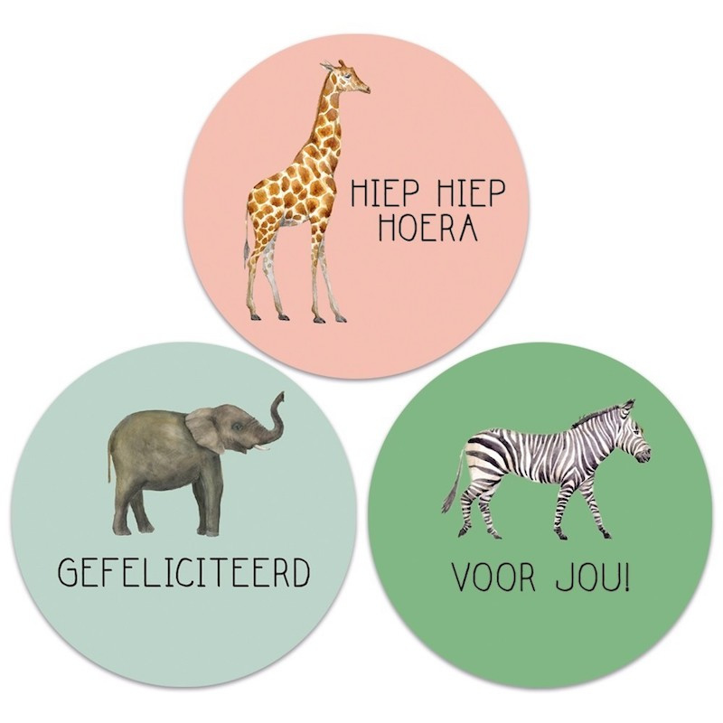 Sticker | Jungle kind Nederland (giraf, olifant en zebra) | mint, groen en roze | 9 stuks